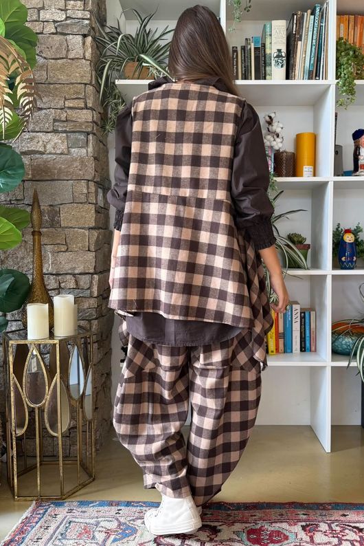 Nora Brushed Cotton Gingham Trapeze Waistcoat Coffee Bean